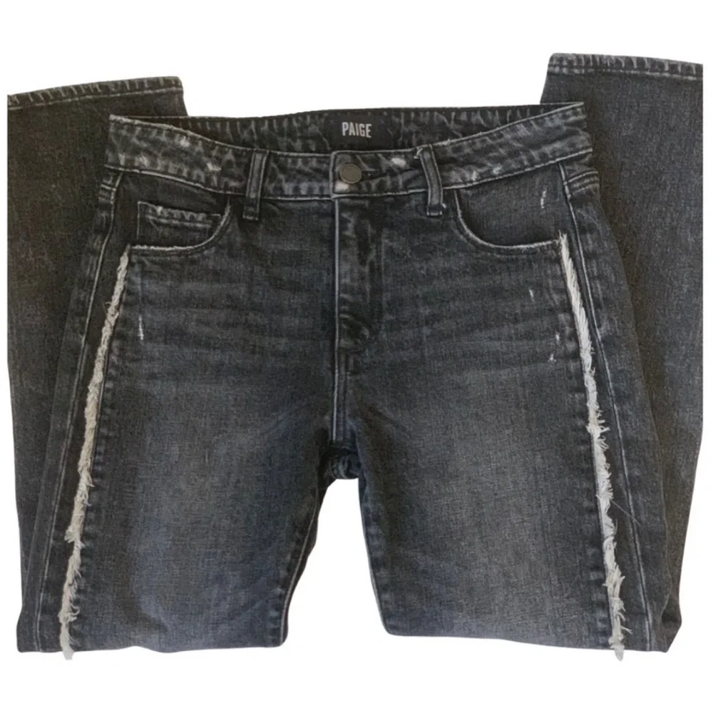 PAIGE Brigitte Fringe Trimmed Mid-Rise Slim Jeans Black Size 27 - Picture 13 of 16